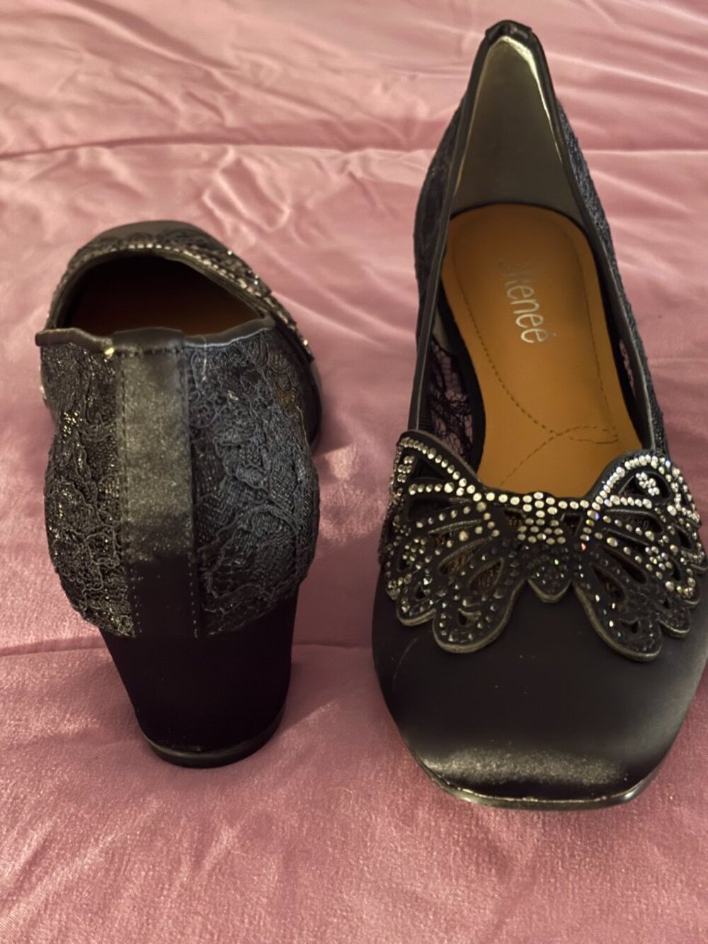 J. Reneé Black Rhinestone Square Toe Pumps - Picture 1 of 6